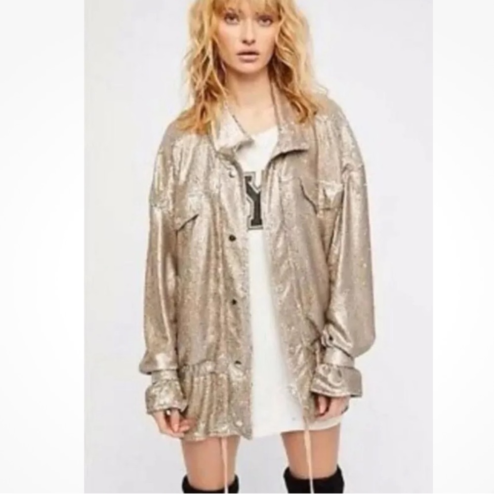 Free people zipup snap closure sequins beige jacket size small